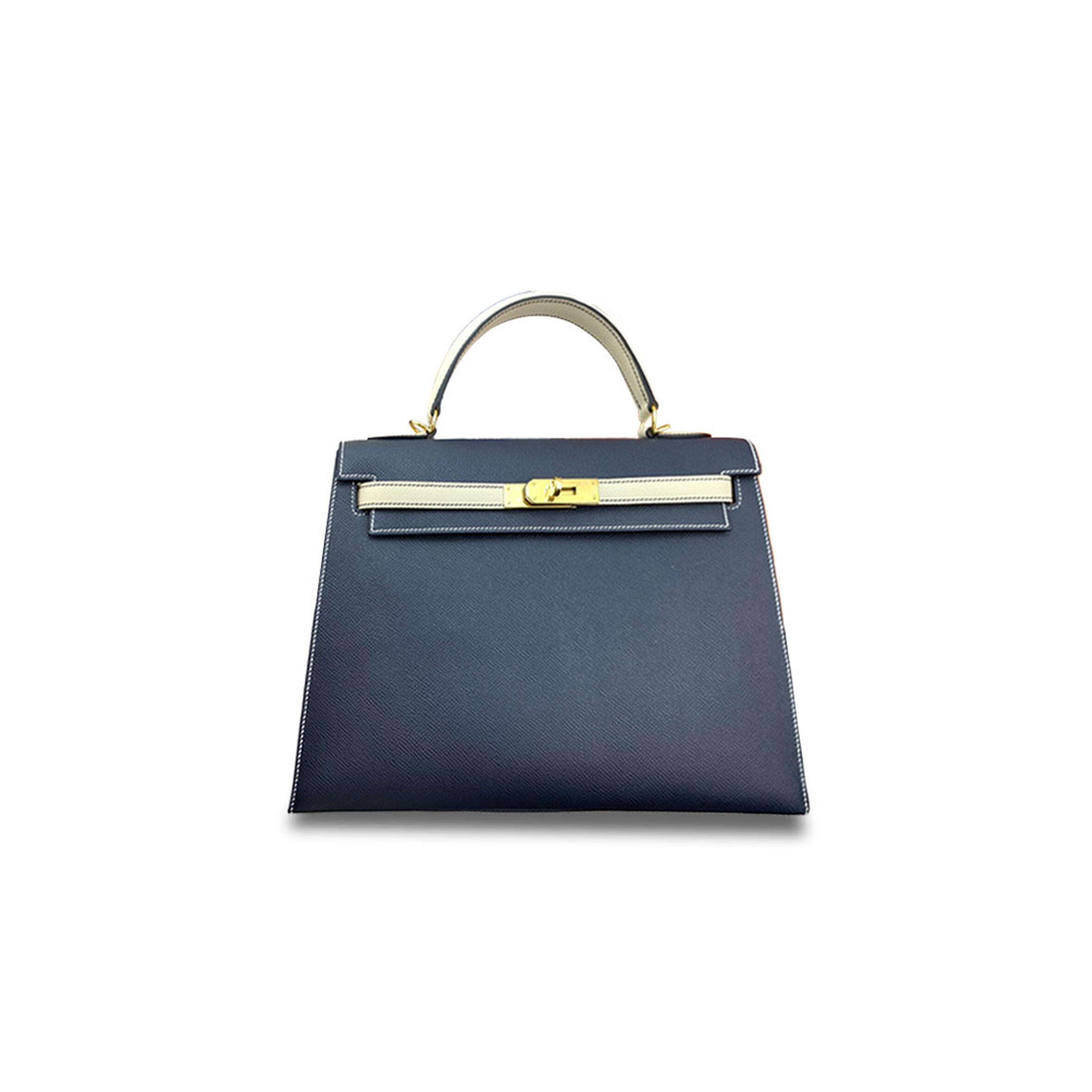 H**me5 KELLY 32 EPSOM MIDNIGHT BLUE MILKSHAKE PLATINUM BUCKLE (32*23*10.5cm) Master Quality